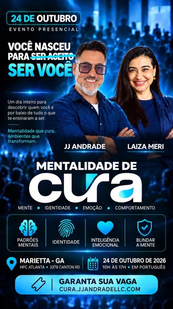 Cartaz do Mentalidade de Cura com JJ Andrade e Laiza Meri: 24 de outubro de 2026, HPC Atlanta, Marietta, GA, das 10h às 17h, em português
